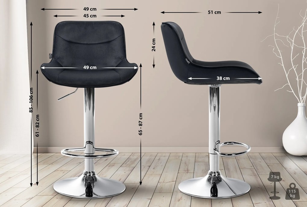 Banco alto em veludo com estrutura prateada 85-106 x 49 x 51 cm preto