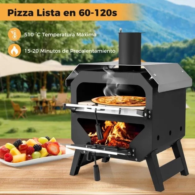 Forno para pizza ao ar livre com pedra para pizza, tabuleiro e tampa em aço inoxidável para campismo 45 x 43 x 61 cm Preto