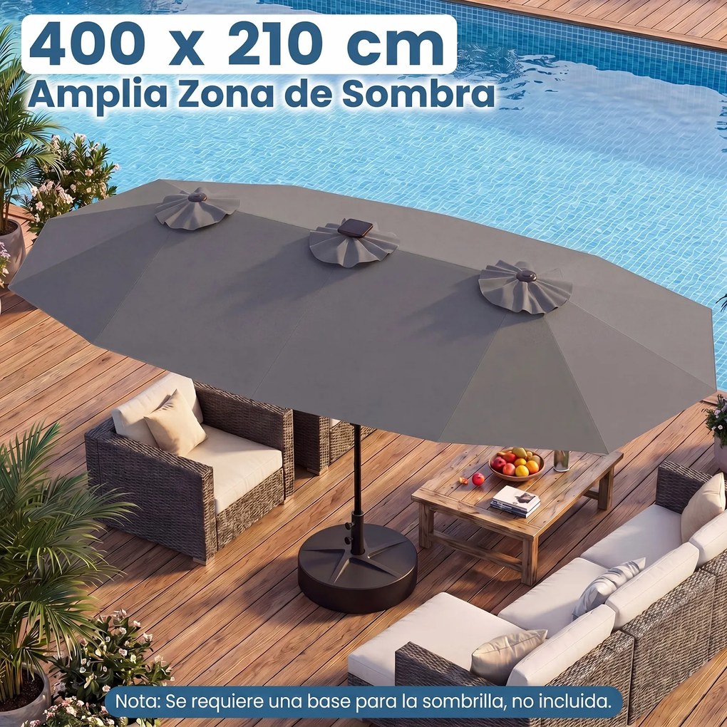 Guarda-sol duplo resistente, 400 x 210 cm (BASE NÃO INLCUIDA), com 108 luzes LED solares, manivela fácil de utilizar e 12 varas de metal, para jardim,