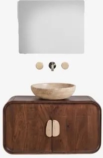 Conjunto De Móvel De Casa De Banho Suspenso 95x45 Cm Em Madeira De Manga E Pedra Natural Kivalina Travertino - Madeira De Mangueira Escura - Sklum