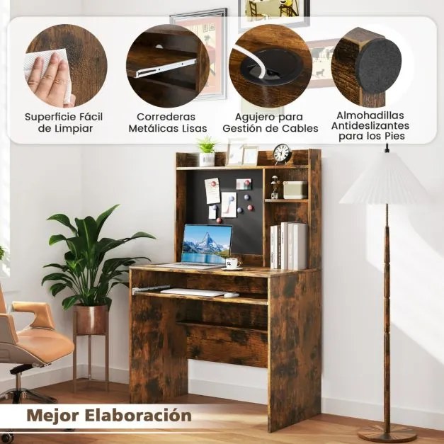 Secretária para computador 89 x 50 x 138 cm com quadro de avisos magnético com prateleira e bandeja para teclado para estúdio Castanho