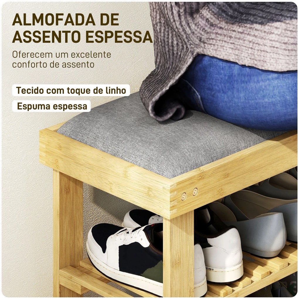 Banco Sapateira de Bambu Sapateira com Assento Almofadado 2 Prateleiras para 6 Pares de Sapatos 60x29x49 cm Madeira e Cinzento