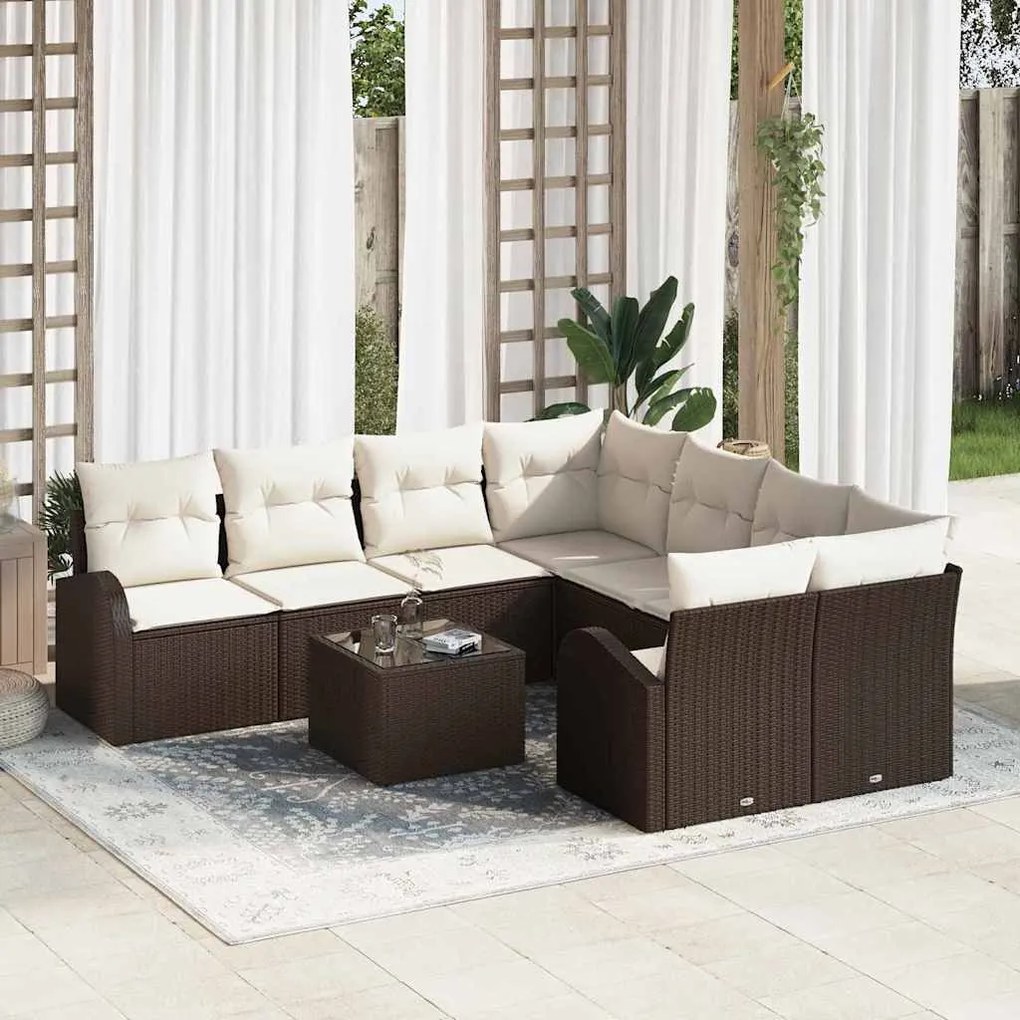 Conjunto de Sofás de Jardim com 9 Peças e Almofadas Polirattan Castanh