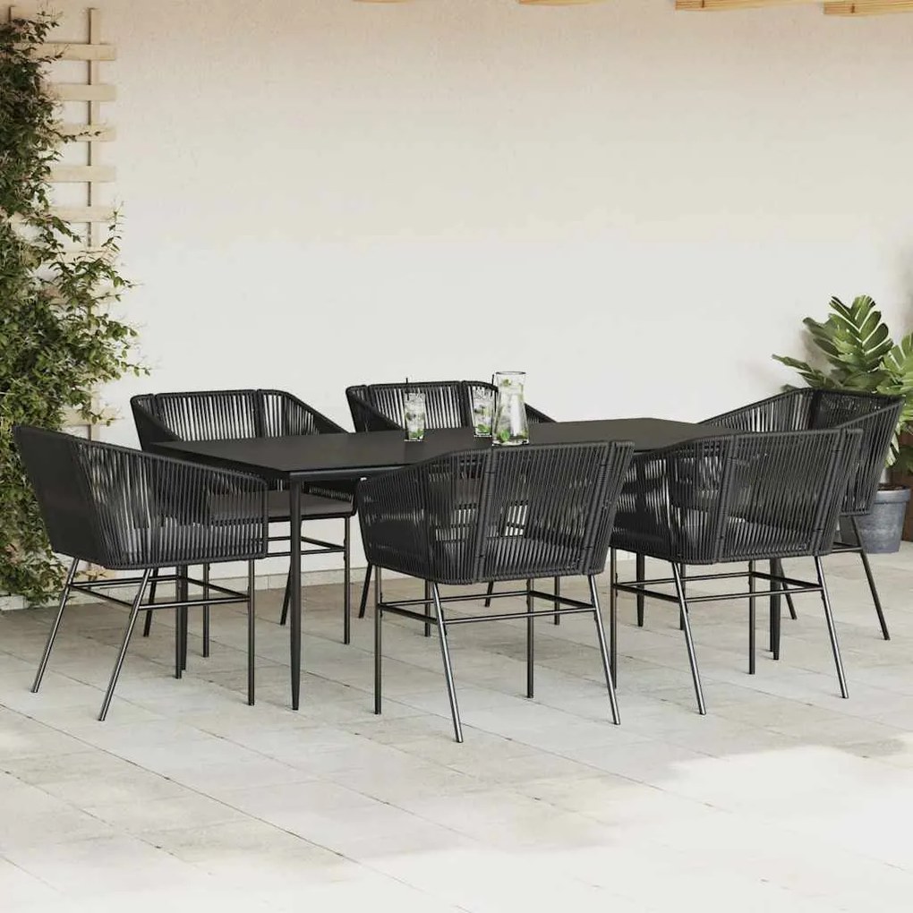 Conjunto de jantar jardim 7 peças almofadas vidro vime PE preto