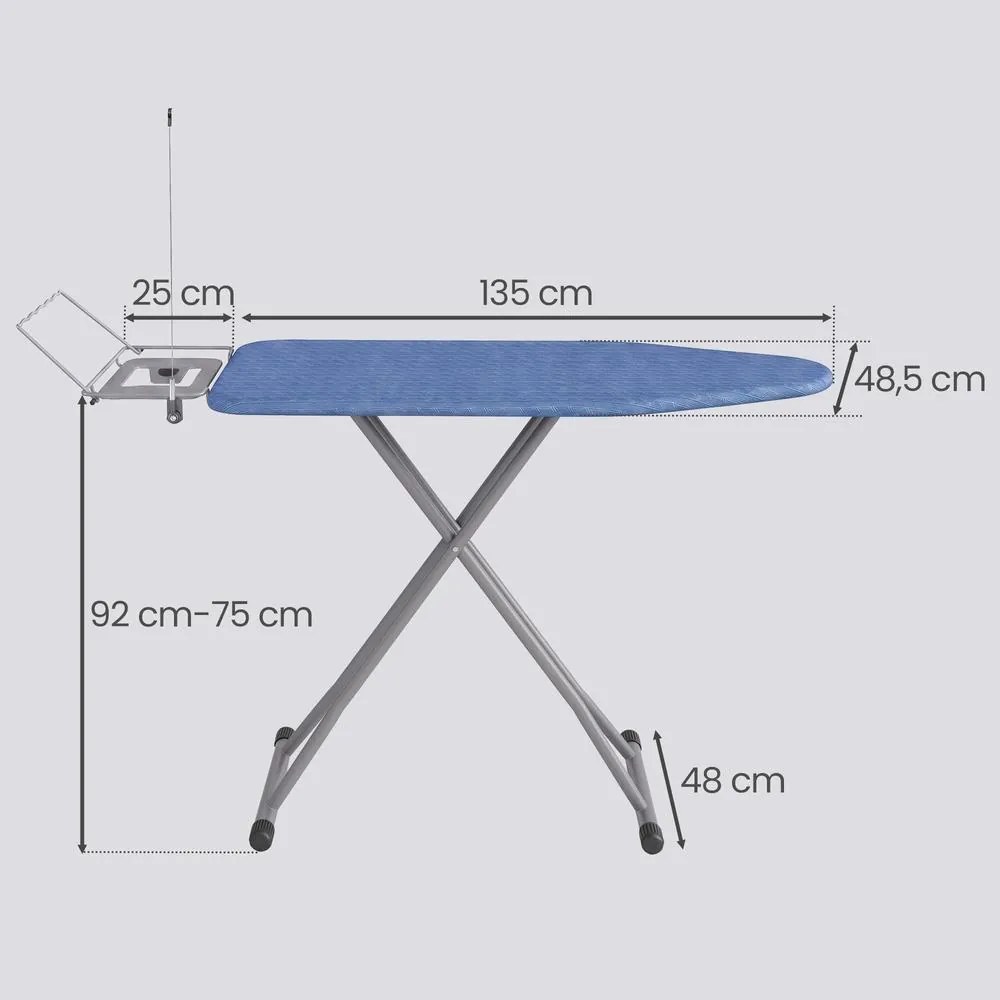 Tabua de engomar dobrável, 160 x 48,5 x (75-92) cm com altura ajustável e suporte para cabos azul-preto