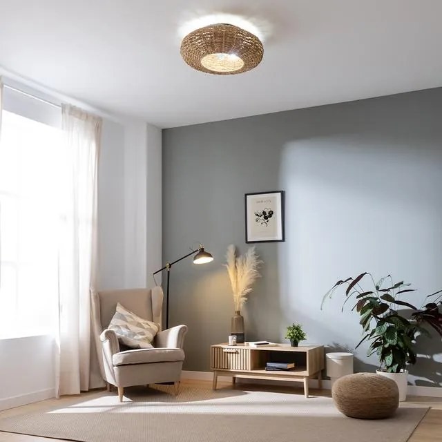Ventoinha de teto EnergySilen LampAero 650 Natural Wicker de design com motor DC, com uma potência de 20 W e lâmpada integrada, com 5 pás de 11 polega