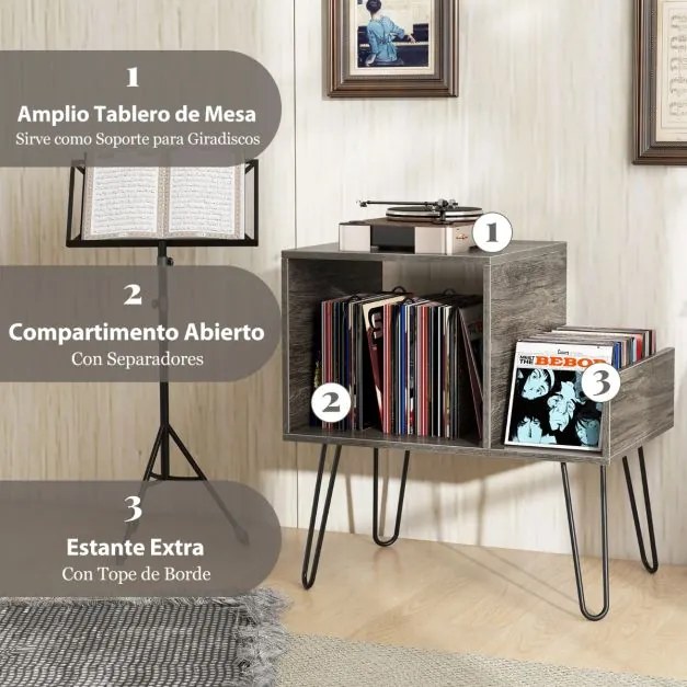 Suporte para gira-discos e discos Vinil com mesa lateral de encaixe com divisória para até 145 álbuns com pernas metálicas Cinzento