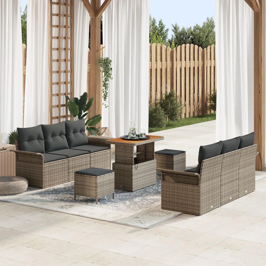 Conjunto de Sofás de Jardim de 9 Peças com Almofadas Cinza Polyrattan