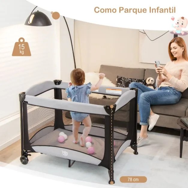 Berço para bebés 5 em 1 portátil com muda de fraldas Colchão amovível 2 rodas 110 x 78 x 78 x 78 cm Preto