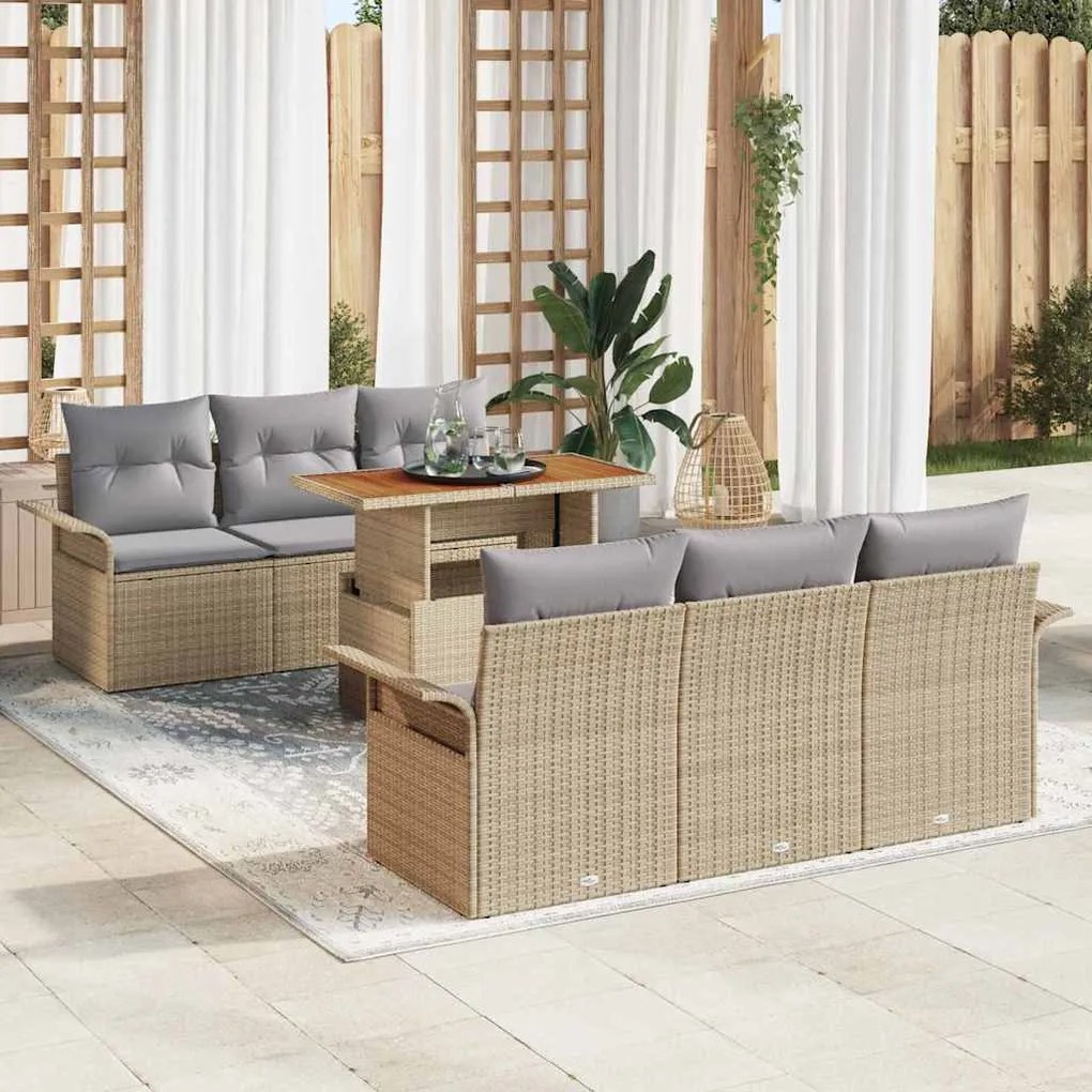 vidaXL Conjunto de sofá de jardim com 7 peças e almofadas bege em rattan sintético.