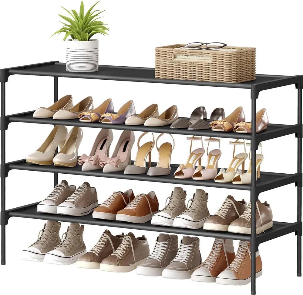Sapateira, Estante para sapatos com 4 níveis, que poupa espaço 29,7 x 91,8 x 70,5 cm (P x L x A), para o corredor e a entrada Preto