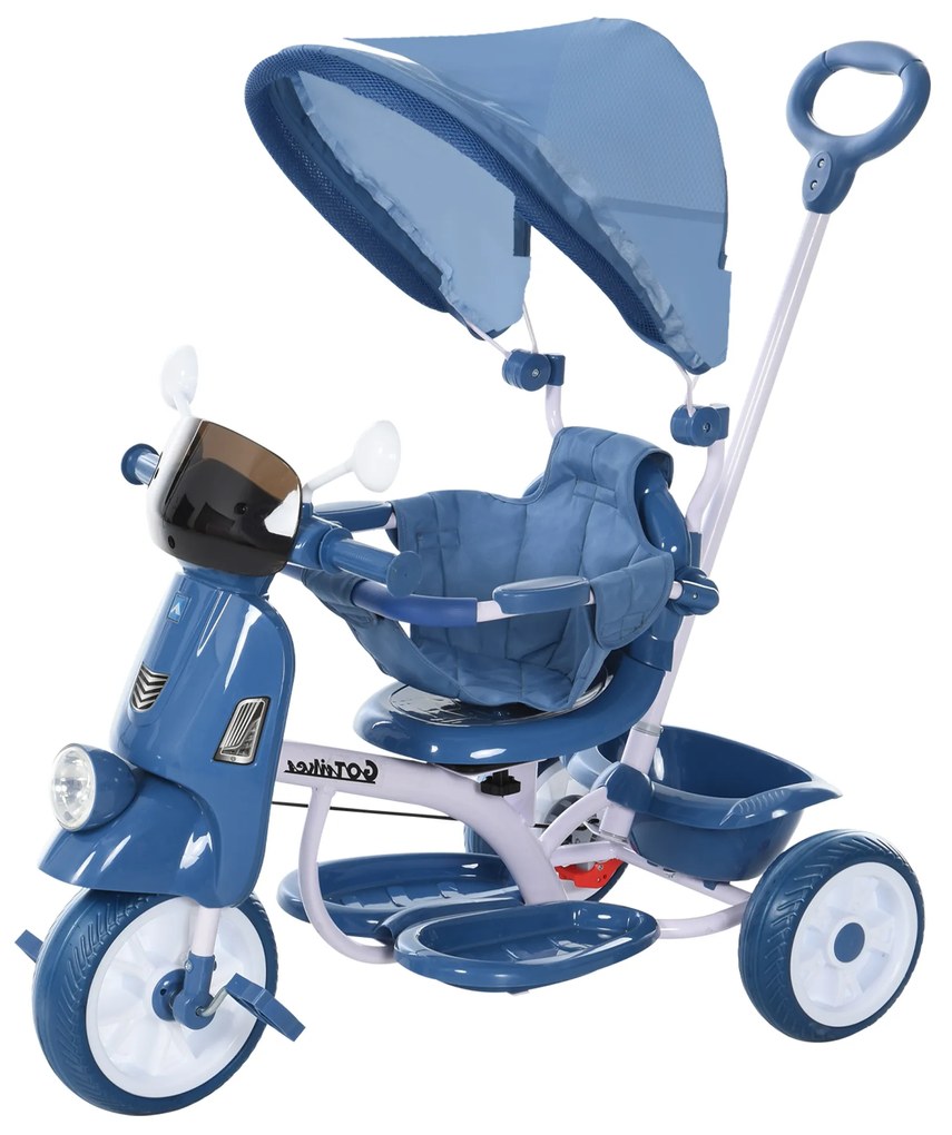 HOMCOM Triciclo evolutivo infantil Carrinho de criança Com função de luz e música Barra de segurança e toldo retrátil Assento giratório 360 ° 93x51x94 cm Azul