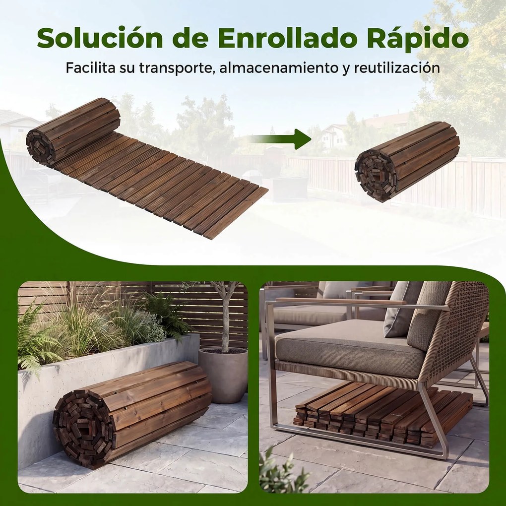 Caminho de jardim em madeira de abeto, enrolável, 367 x 55 x 15 cm, superfície antiderrapante para quintal, terraço e ambientes cor castanho