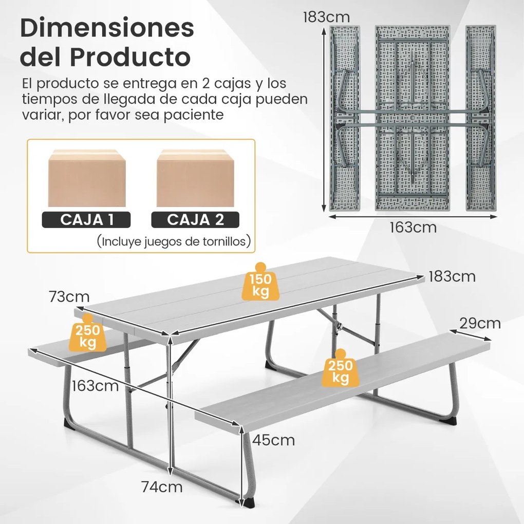 Mesa de piquenique dobrável 183 cm para 8 pessoas com 2 bancos Estrutura metálica Guarda-sol Orifício Mesa de jardim PEAD Cinzento