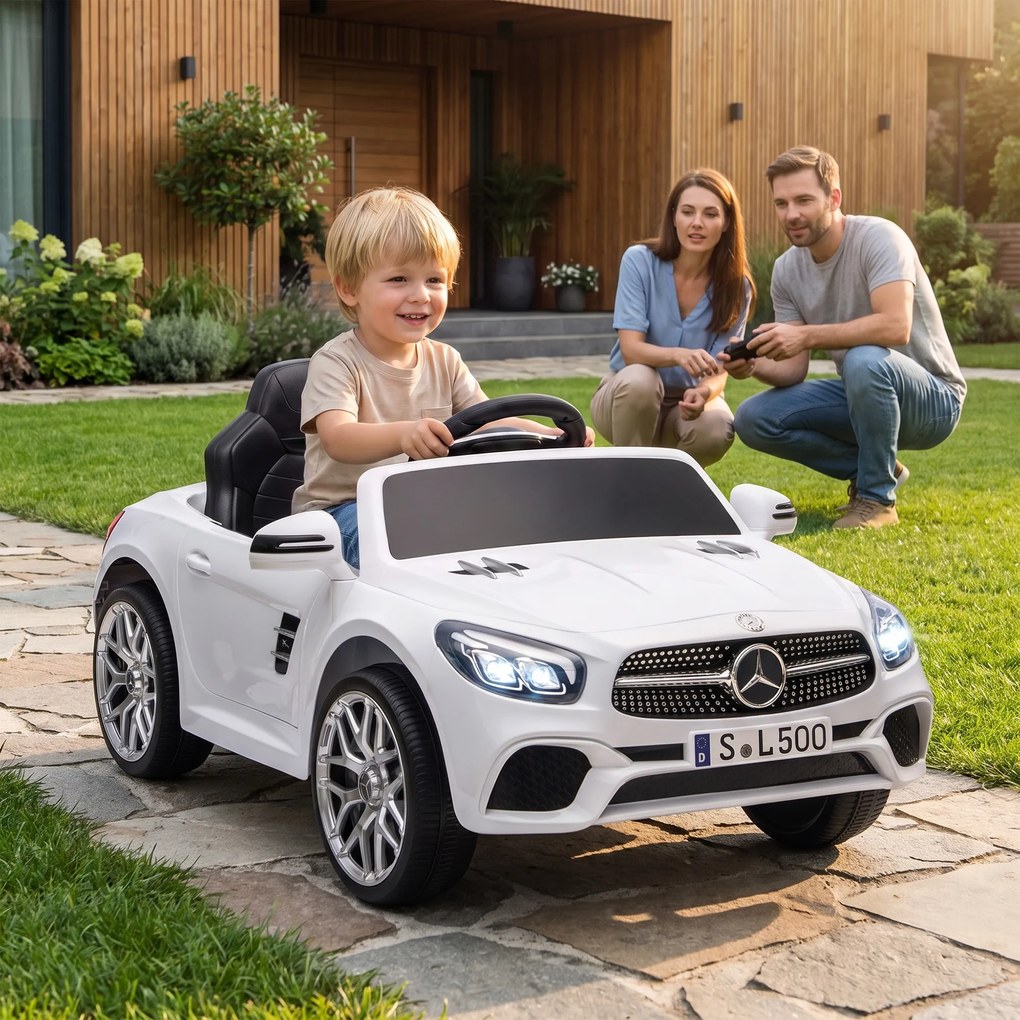 Carro Elétrico Infantil Mercedes-Benz SL500 12 V com Telecomando 2,4 GHz, 2 Motores e Suspensão, Branco