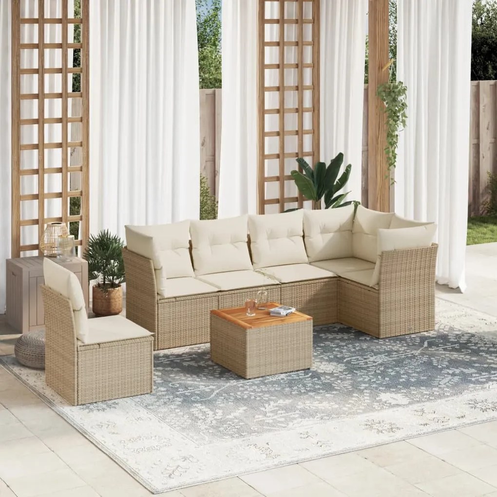 vidaXL 7 pcs conjunto de sofás p/ jardim com almofadões vime PE bege