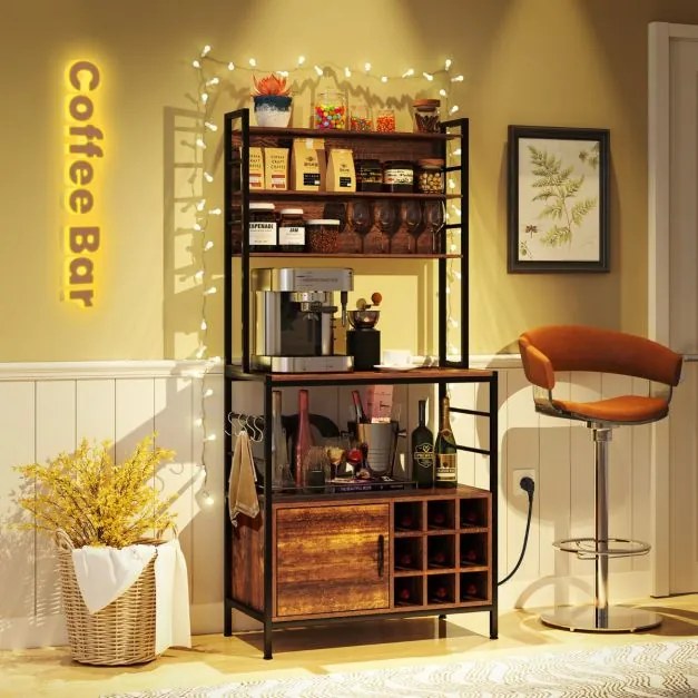 Armario de cozinha 80 x 40 x 170 cm com 2 tomada e 2 portas USB, com ganchos e prateleiras para garrafas de vinho 80 x 40 x 170 cm Castanho