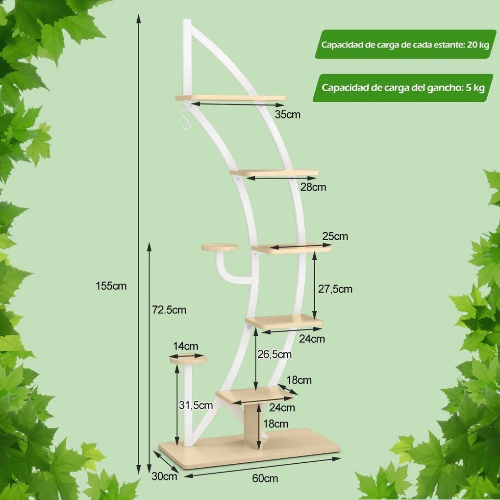 Conjunto de 2 Estantes Metálicas para Plantas 7 Níveis em Forma de Crescente Curvo com Gancho para Varanda 60x30x155 cm Brancas