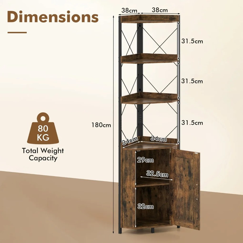 Estante de canto com armazenamento com 38 x 38 x 180 cm com grades de proteção Castanho