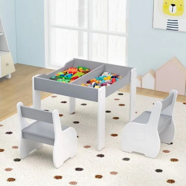 Conjunto de mesa e 2 cadeiras para crianças Mesa de atividades em madeira 4 em 1 para arte, desenho, leitura e quadro removível Cinzento e branco