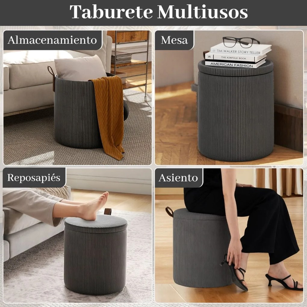 Conjunto de 2 pufes redondos com arrumação, bancos toucador estofados com tampos removíveis e assentos acolchoados, apoio para os pés multiusos Cinzen