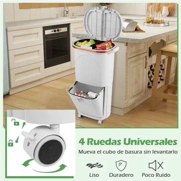 Caixote do lixo de 38 L com duas camadas, 2 caixotes removíveis, pedal e rodas para sala, cozinha e casa de banho, branco
