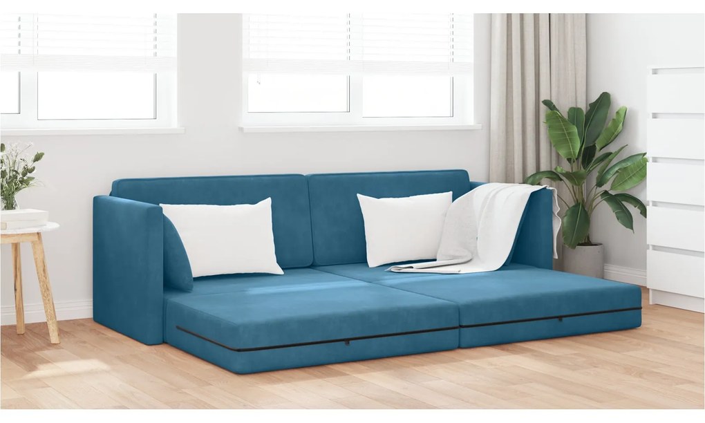 Sofá Cama 2 em 1 Azul 213x144x60 cm Veludo