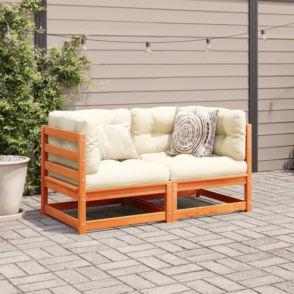 2 pcs conjunto sofás de jardim madeira de pinho castanho cera