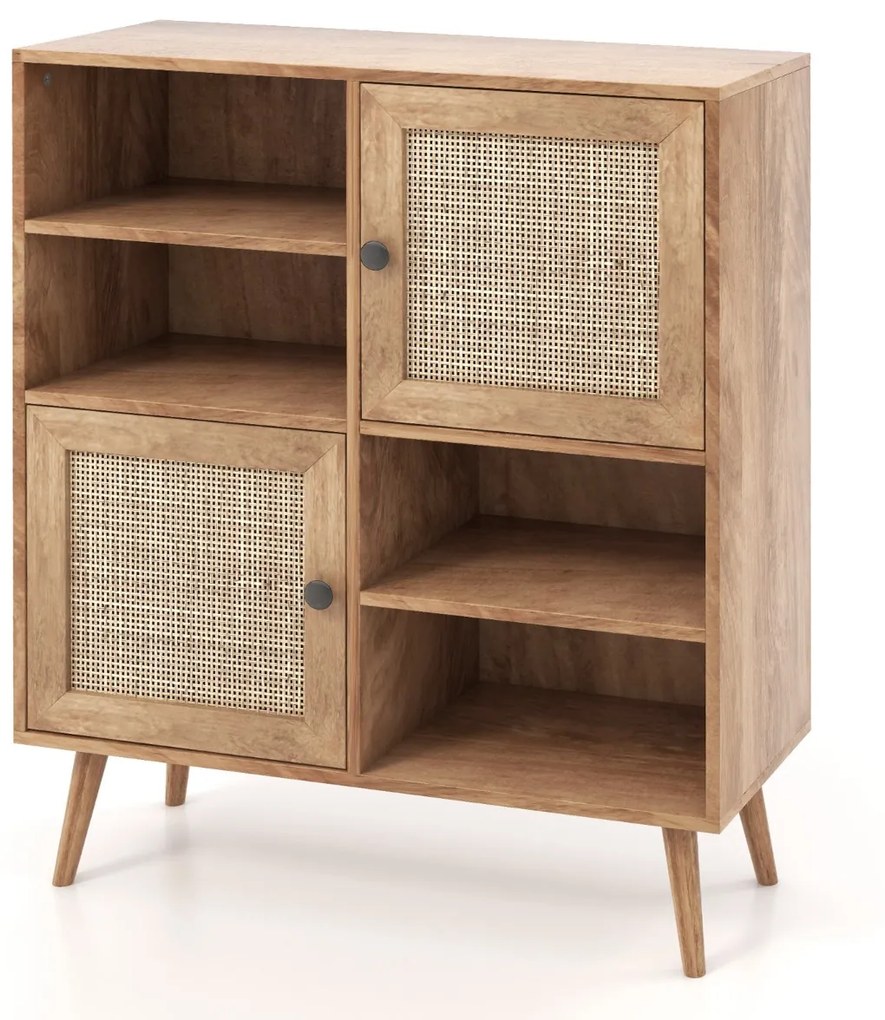 Aparador em rattan com 4 cubículos e 2 portas decoradas Armário de acento Boho em rattan para sala de jantar 80 x 29,5 x 97 cm Natural