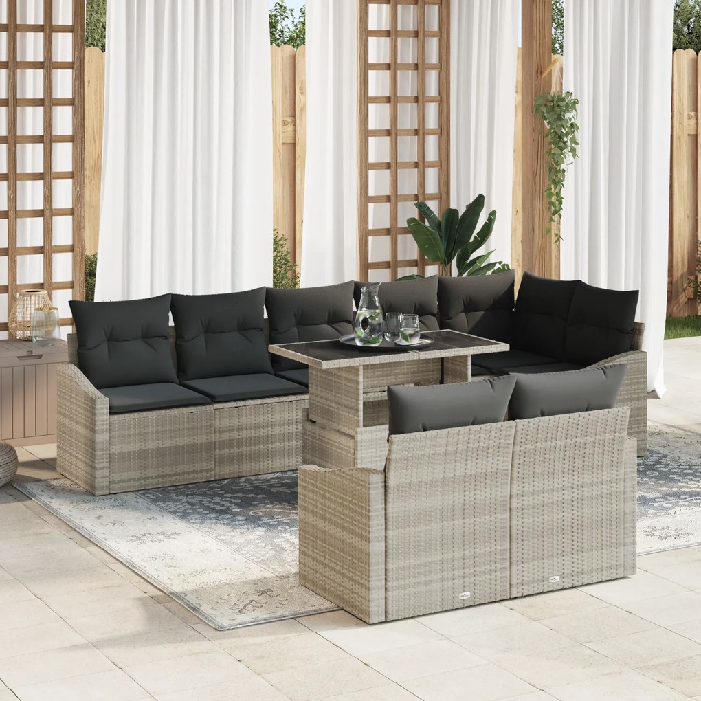 Conjunto de Sofá de Jardim de 9 Peças com Almofadas Cinza claro em Rat