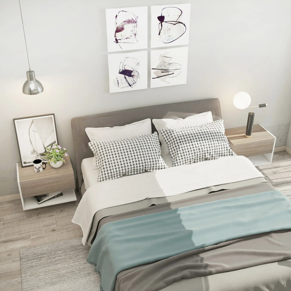 Conjunto de 2 Mesas de Cabeceira Flutuantes com 1 Gaveta e Prateleira Aberta 46x30x30 cm Carvalho e  Branco