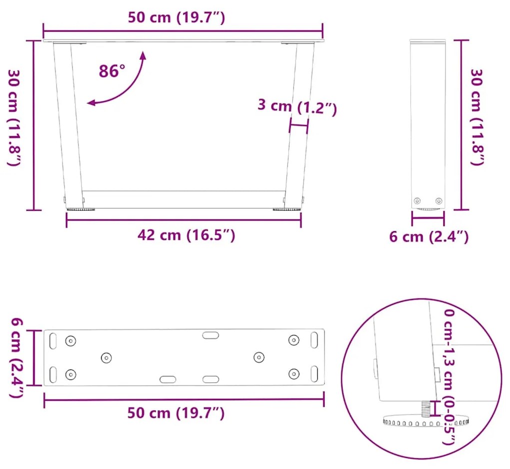 Pés para mesa de centro em formato de V, 2 peças, aço natural, 50x(30-