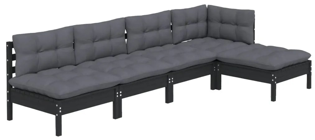 5 pcs conjunto lounge de jardim c/ almofadões pinho preto