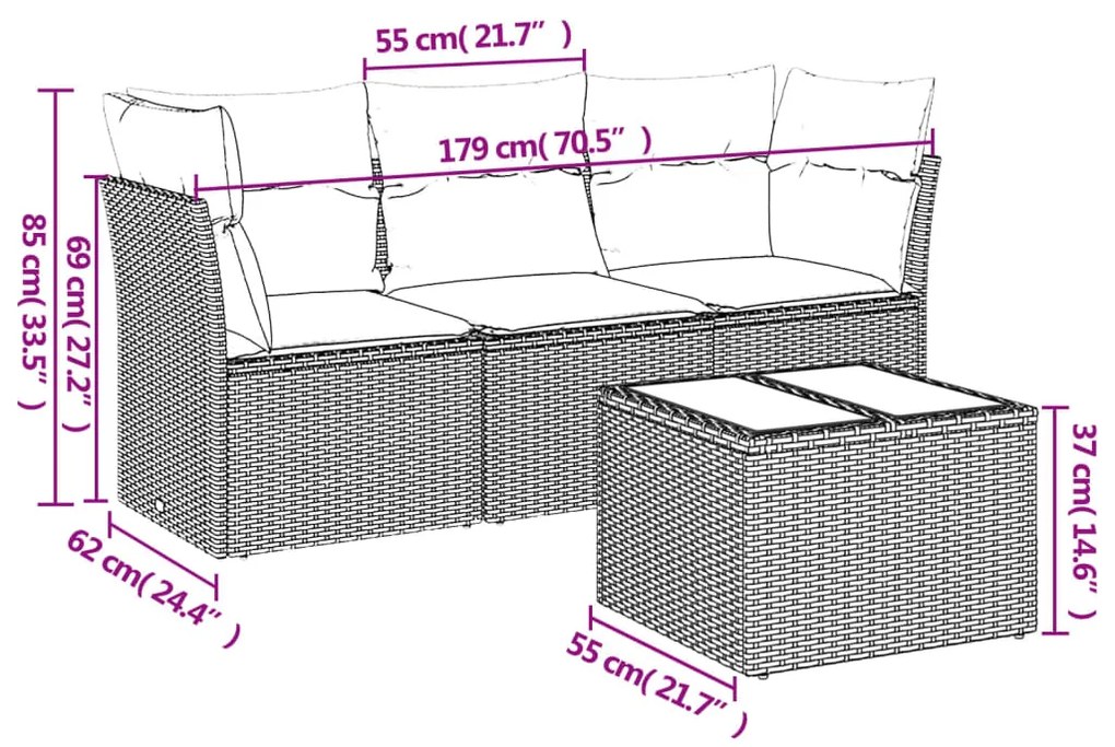 4 pcs conj. sofás jardim c/ almofadões vime PE cinzento-claro