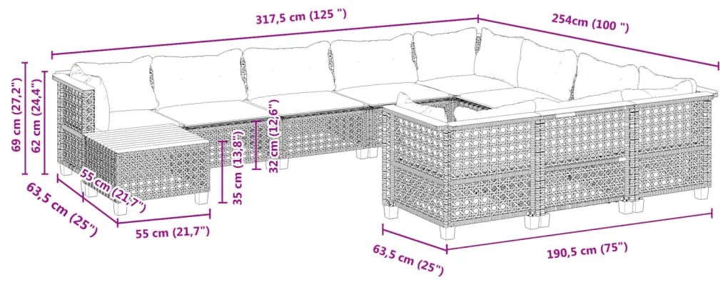 11 pcs conjunto sofás de jardim c/ almofadões vime PE cinzento