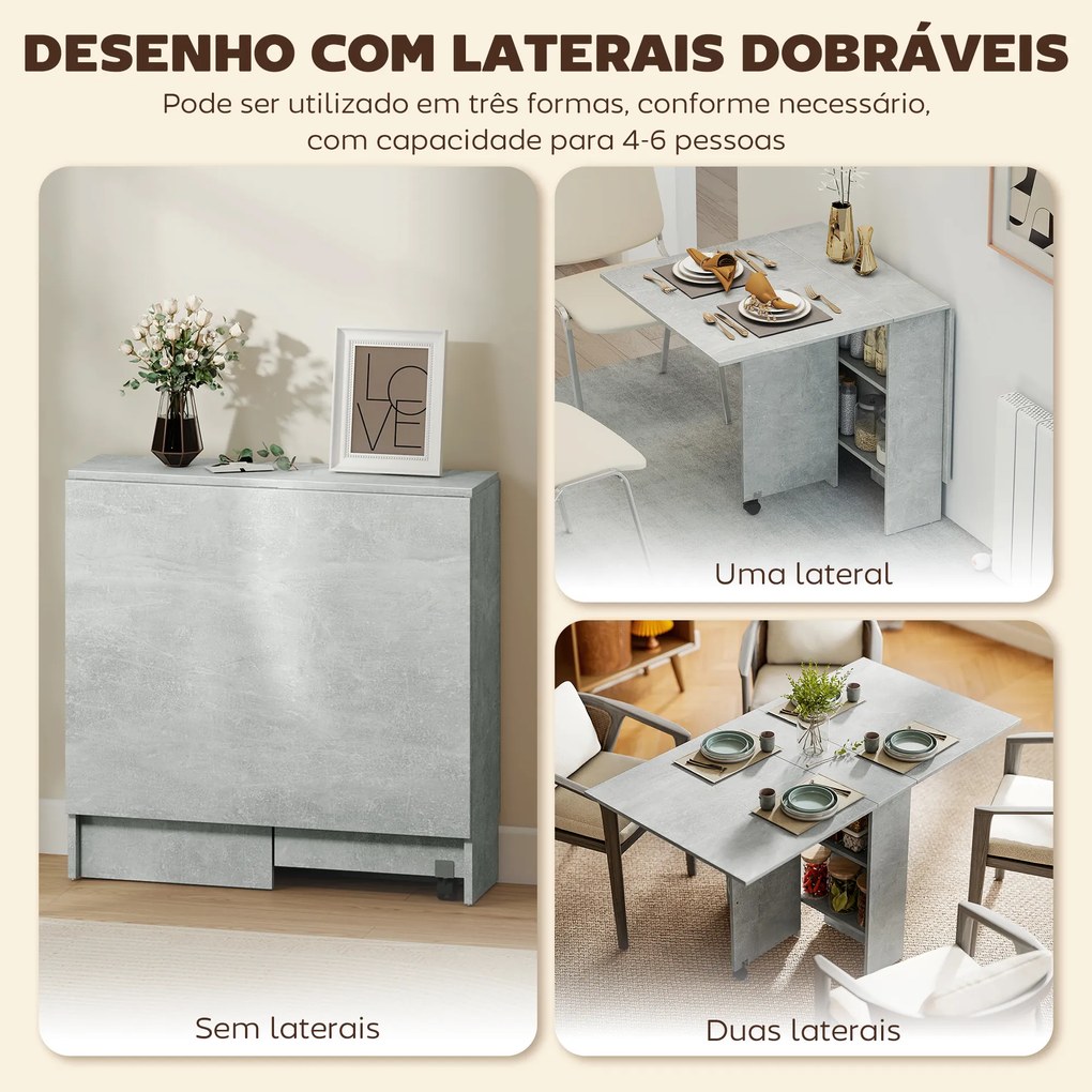 Mesa de Sala de Jantar Dobrável com 2 Prateleiras de Armazenamento (CADEIRAS NÃO INCLUIDAS) e Rodas para Cozinha 75x140x74 cm Cinza