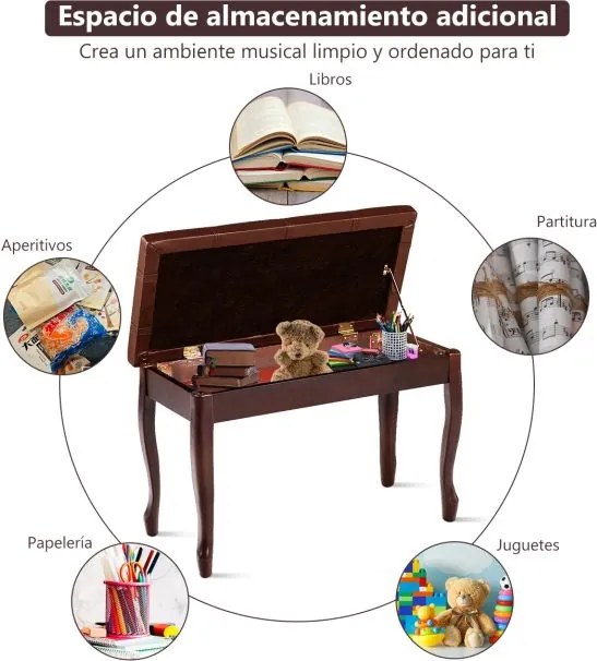Banco de madeira para piano com almofada almofadada e compartimento para livros e acessórios 75 x 35 x 49 cm Castanho
