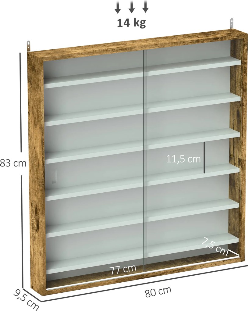 Vitrine para coleção, vitrine de parede, 80 x 9,5 x 83 cm, 6 prateleiras com altura ajustável, 2 portas de correr em vidro branco, castanho rústico