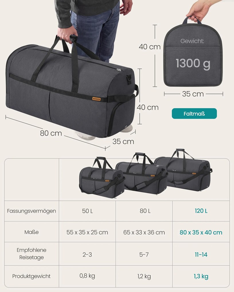 Saco desportivo muito grande 120 L, dobrável, para sapatos e roupa húmida cinzento