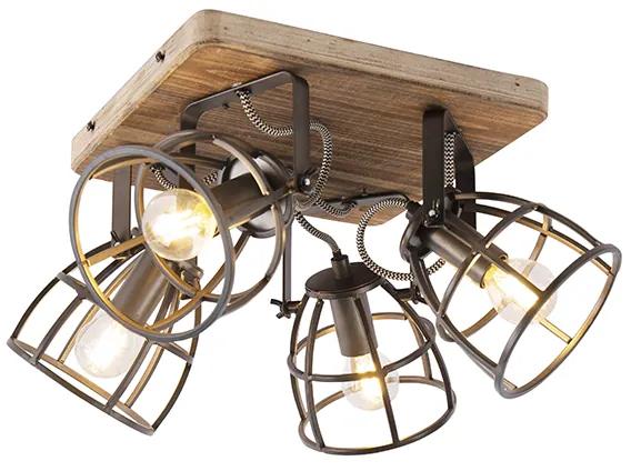 Foco industrial preto com madeira regulável 4 luzes - Arthur Industrial