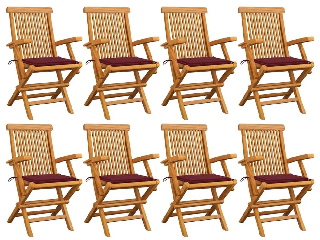 Cadeiras de jardim + almofadões vermelho tinto 8pcs teca maciça