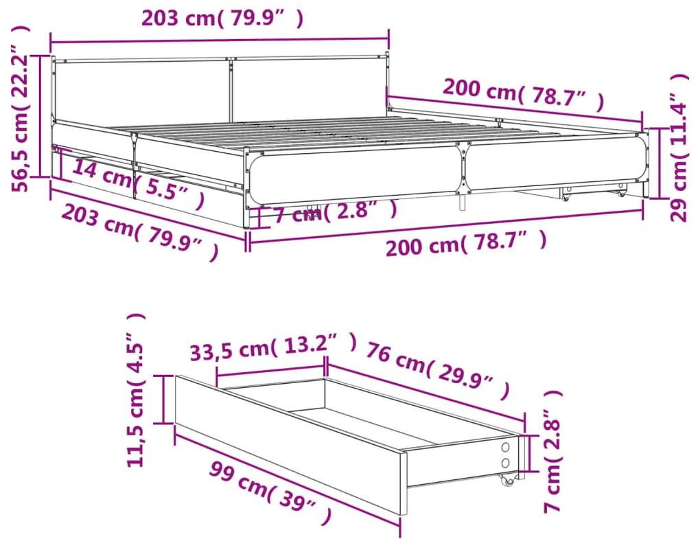 Estrutura de cama c/ gavetas 200x200 cm derivados madeira preto