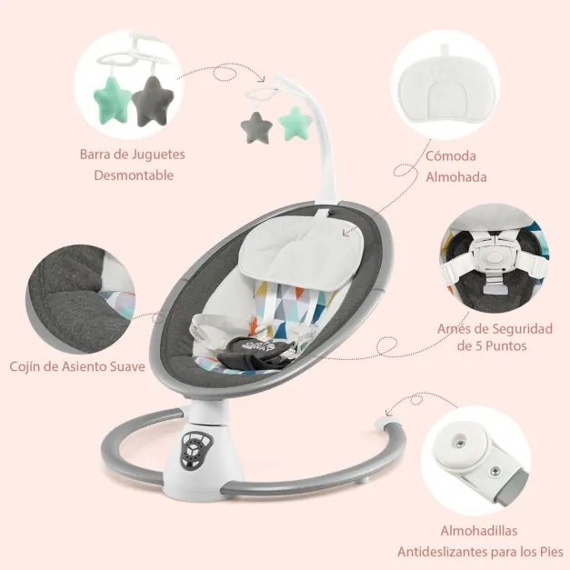 Baloiço elétrico para bebés com 5 níveis de balanço Temporizador Cinto de segurança Cinto de segurança Brinquedos Altifalante e controlo remoto Cinzen