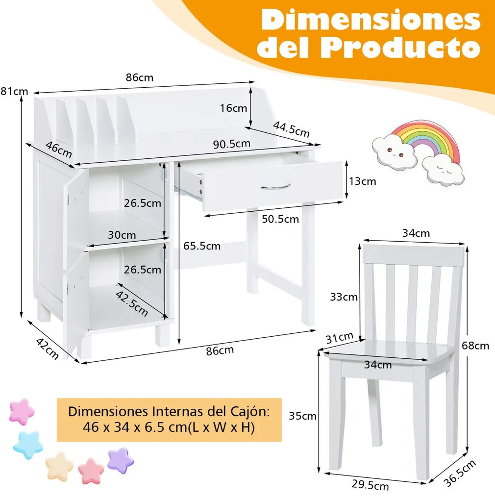 Conjunto de escrivaninha e cadeira infantil com gaveta, guarda-roupa, superfície longa, mesa de estudo infantil branca