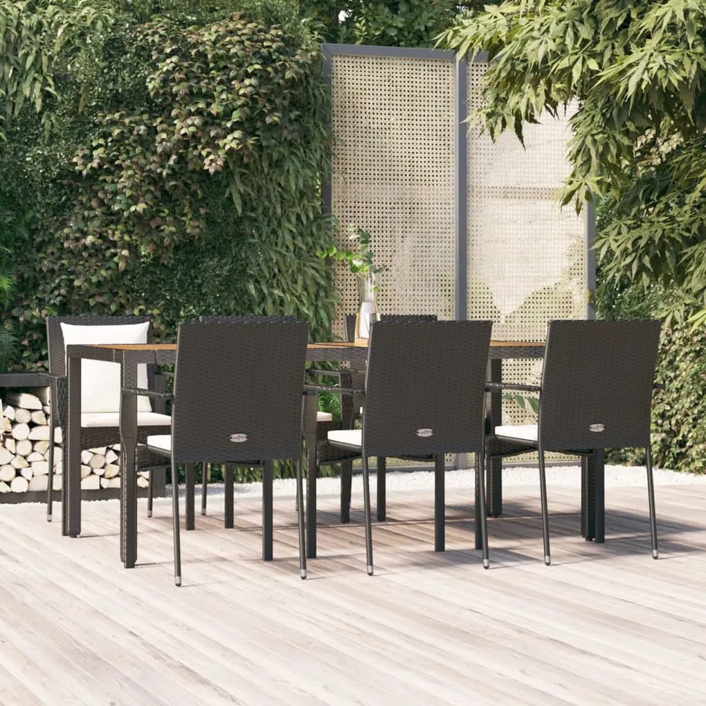 vidaXL 7 pcs conjunto de jantar p/ jardim c/ almofadões vime PE preto