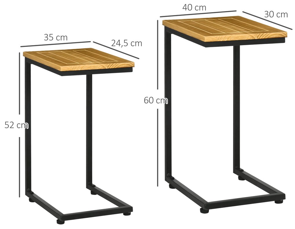 Conjunto de 2 Mesas Auxiliares de Jardim em Forma de C com Estrutura de Metal e Bancada de Madeira 40x30x60 cm e 35x24,5x52 cm Madeira e Preto
