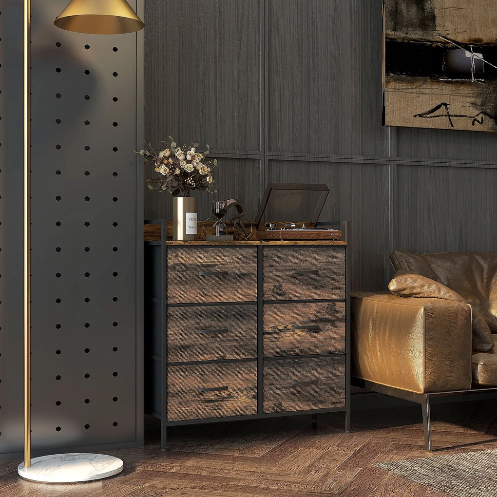 Cómoda com 6 Gavetas Dobráveis de Tecido Estrutura de Aço e Estilo Industrial 79x29x85 cm Castanho Rústico
