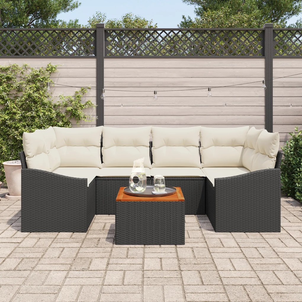 Conjunto de Sofá de Jardim de 7 Peças com Almofadas Preto Polirattan A
