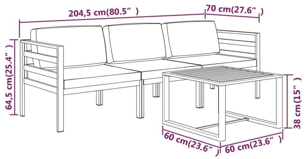 4 pcs conjunto lounge jardim com almofadões alumínio antracite