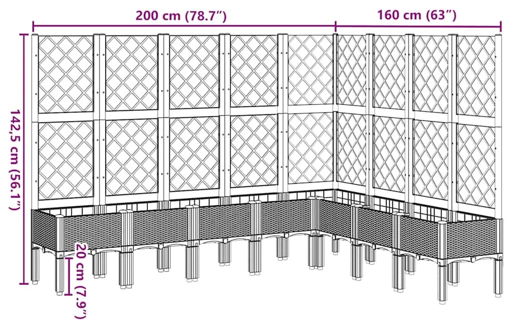 Vaso/floreira de jardim c/ treliça 200x160x142 cm PP castanho